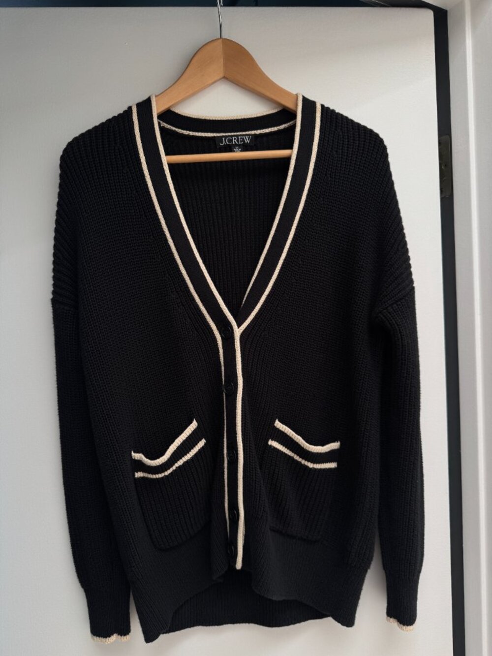 J.Crew Tipped V-Neck Cardigan Black Cream 100% Cotton XS